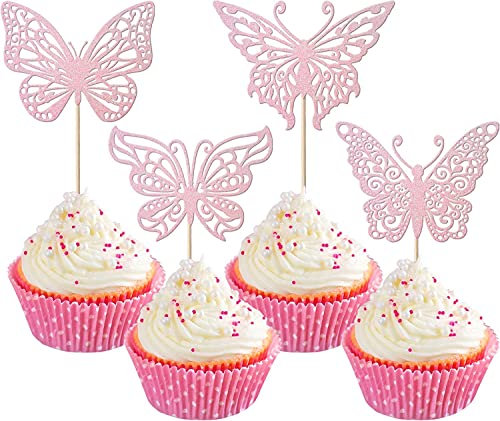 24 Stück Tortendeko, Schmetterlinge Deko Kuchen Schmetterling Deko Cake Topper für Hochzeit Jahrestag Baby Shower Geburtstag Party Kuchen Dekoendeko Baby Rosa