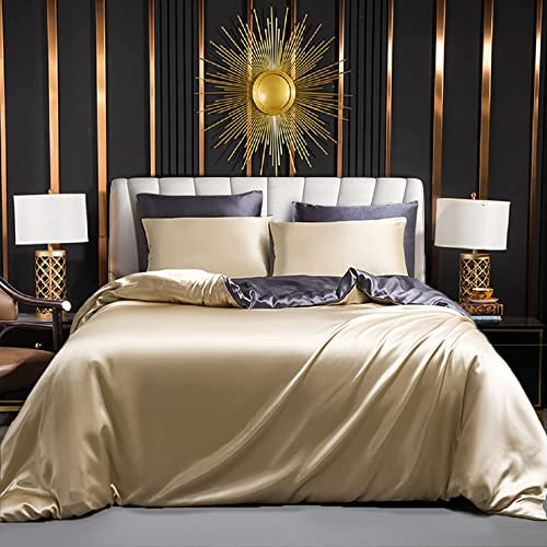 Luofanfei Bettwäsche Satin 200x220cm Glänzend Seiden Gold Braun Graue Bettwäsche Set Uni Bettbezug Doppelbett Set Glatt Luxus Glanzsatin Wendebettwäsche mit Reissverschluss und Kissenbezüge 80x80 cm