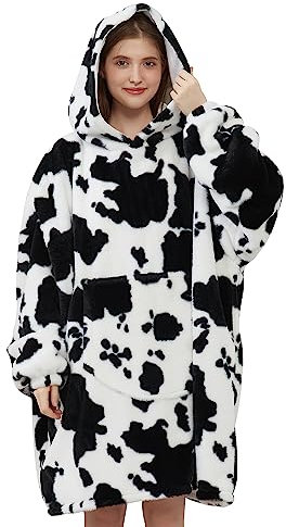 Viviland Oversized Hoodie Fuzzy Blanket Sweatshirt, Super weicher Warmer bequemer Riesenpullover mit großer Fronttasche, Geschenke für Frauen Männer Teenager Kinder,kuh