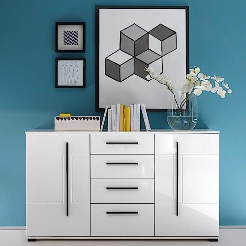 Lomadox Sideboard in weiß Hochglanz mit schwarzen Relinggriffen BxHxT ca. 150x86x42cm