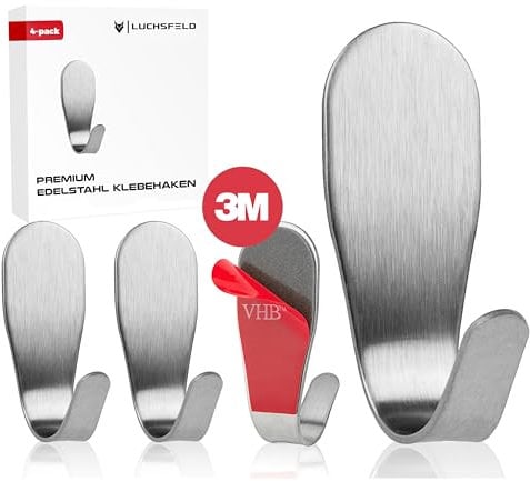 LUCHSFELD Klebehaken Handtuchhaken Edelstahl selbstklebend ohne bohren für Bad und Küche (4x silber)