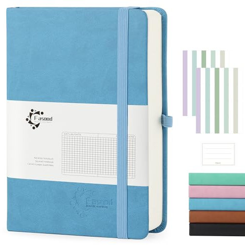 Fasood Notizbuch A5 Kariert, Hardcover Journal Notizbücher mit 320 Seiten, 100g/m² Dickes Papier, Mehrfarbige Registerkarten, Stiftlasche und Dokumententasche, für Schule, Büro (Blau)