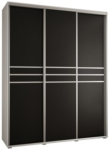 MEBLE KRYSPOL Davos 10 200 Schrank mit DREI Schiebetüren für Schlafzimmer - Moderner Aufbewahrungsschrank mit Kleiderstange und Regalen - 235,2x200x60 cm - Weiß Schwarz Silber
