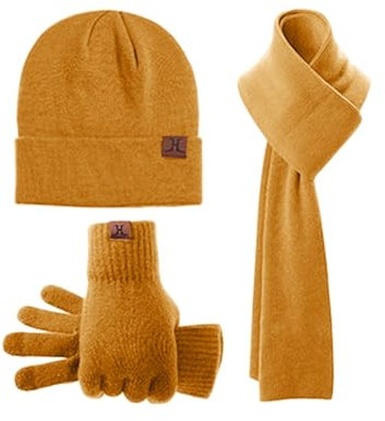 Winter Warm Lang Schal Beanie Mütze Touchscreen Handschuhe Set für Damen Herren Thermo Gestrickte Wintermütze Winterschal Handschuhe Kombiset Winterhandschuhe Strickmütze Winterset (Gelb#, OneSize)