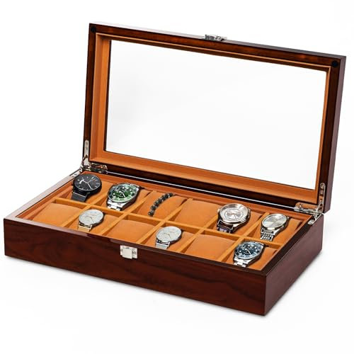 Niboow Uhrenbox 12 Uhren Holz Uhren Aufbewahrungsbox mit Glasdeckel, mit 12 Herausnehmbaren Uhrenhalter Uhrenschachtel, Display Lagerung Organizer Uhrenkasten, Uhrenkissen, Herren Mädchen Geschen