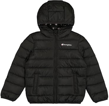 Champion Legacy Outdoor B (306868) – WR Light Cirè 40gr Small Script Logo Kapuzenjacke, Schwarz (NBK), 5–6 Jahre (XS), Unisex – Kinder FW24