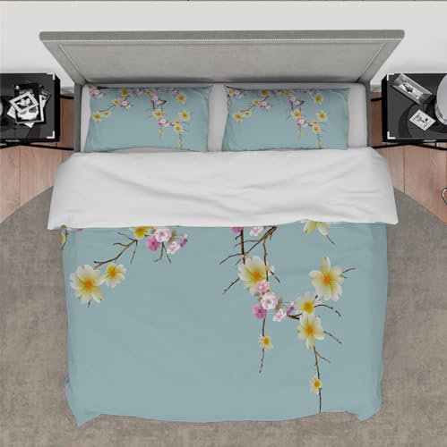 Set de Funda de edredón Azul Claro 3 Piezas Pintura de Tinta de Paisaje Urracas y Ramas de Flor de Ciruelo Juego de Ropa de Cama de Dormitorio con 2 Almohadas Shams 210 x 210 cm