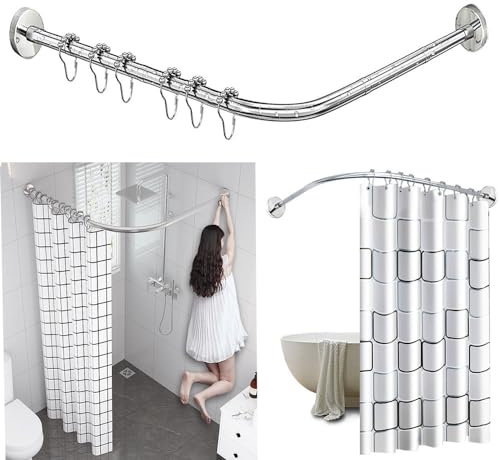 AUBWIG Riel de cortina de ducha de acero inoxidable en forma de L Bañera de baño Barra de cortina de ducha de esquina Sin perforaciónpara el baño de la tienda de ropa (90-130 cm x 90-130 cm)