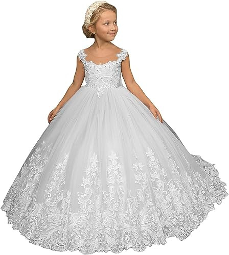 Fuomomo Vestidos de niña de Flores para Boda, Vestido de Fiesta de Encaje de Tul con Cuentas para Fiesta de niños, Vestido de graduación