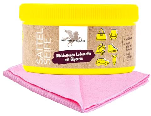 esnado - Bense & Eicke Sattelseife - Lederseife mit Schwamm + 1 Profi Mikrofasertuch - Die Lederreinigung für Glattleder, Sättel, Motorradkleidung (250 ml)
