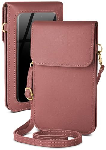 moex Handytasche zum Umhängen für Samsung Galaxy A21s kleine Handtasche mit Handyfach und Sichtfenster, 2 extra Fächer Mini PU Leder Handy Umhängetasche Damen CitySling, Rosa