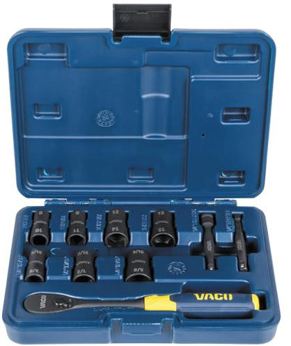 VACO VAC4102 10-teiliges 2-in-1 Schlag-Steckschlüssel-Set mit Koffer, Adaptern, Ratsche, 6 Stecknüssen, 12 SAE und metrischen Größen für 1/4-Zoll-Antrieb