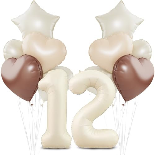 Beige Luftballon 12.Geburtstag,Cremeweiß 12. Geburtstag Ballon Deko,XXL 40 Zoll luftballon 12.,Beige Aprikose Braun Herz Stern Folienballons,für 12 Jahre Geburtstagsdeko Jubiläum Party Dekoration