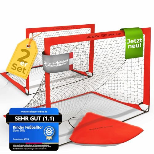 SleekSkills Kinder Fußballtor [2er Set] für Zuhause, Garten und Outdoor - Faltbar mit Verstärkten Glasfaserstangen und inkl. Tragetasche (Rot)