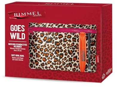 Rimmel London, Geschenkbox für Damen, Rimmel Goes Wild, Leopardenmuster mit Mascara Scandal'Eyes Reloaded Clean + Augenstift Soft Kohl Kajal Jet Black