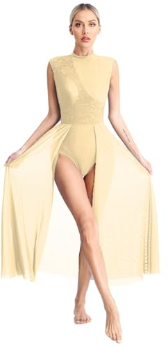 Xnihocha Vestido de baile lírico para mujer sin mangas, vestido de ballet de tul, vestido largo moderno contemporáneo, body de gimnasia, traje de escenario, ropa de baile, amarillo champán, M