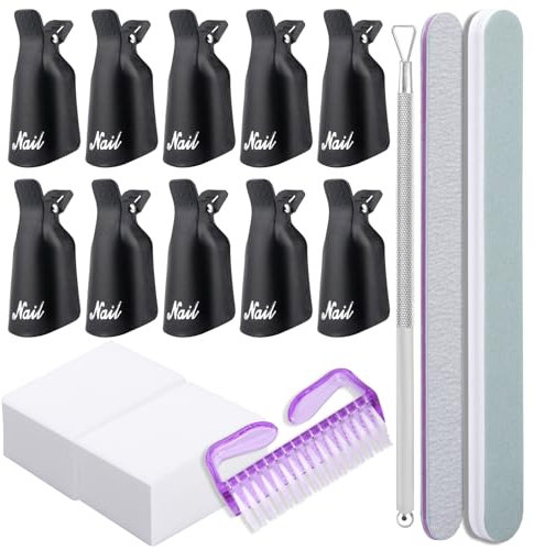 Ansodo Black Portable Professional Nail Clip Gel Polish Remover Set, Durable & Easy to Use for Home and Professional Use(with Nail Clip+ Nail Wipe Pad+ Cleaning Brush+Cuticle Pusher+ Nail File)