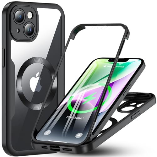 Für iPhone 14 Hülle Kompatibel mit MagSafe, 360 Grad Handyhülle iPhone 14 Eingebaut Schutzfolie Magnetisch Stoßfest Case für iPhone 14 6,1 Zoll Schutzhülle Magnet Cover mit Displayschutz (Schwarz)