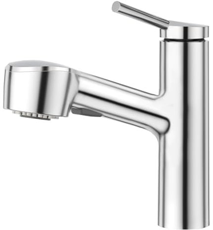 CREA Ausziehbarer Badezimmer-Wasserhahn, 1 Loch, Einhebel-Badezimmerarmatur mit herausziehbarem Sprüher, Handwäsche-Armaturen für Waschtisch, WC, Wohnmobil, Waschtischmischer, Chrom