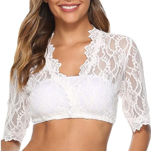 FFWTPY Camisetas Manga Corta Mujer Blusa Elegante con Cuello en V Sexy de Dirndl Blanca Encaje Blusas Verano Oktoberfest Tradicional Tops para Fiestas