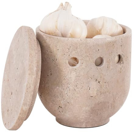 SPESHSTONES Marmor-Knoblauchbehälter, 11,4 cm, handgefertigter Travertin-Knoblauchhalter für Küche, Arbeitsplatte, idealer Aufbewahrungsbehälter für frische Knoblauchzehen und Ingwerglas