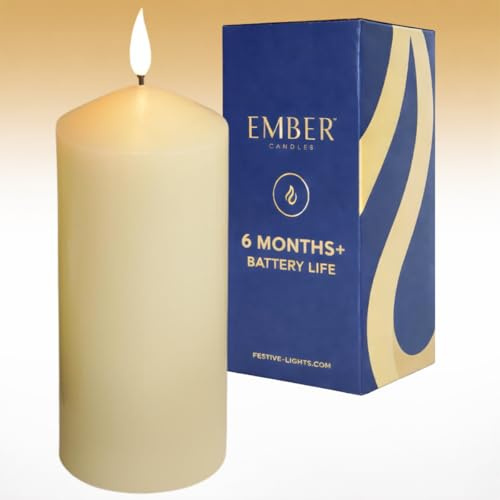Ember Candles™ 17.5cm Ivory Chapel LED Flickering Battery Candle – 100% Real Wax, Ultra-Realistic, Flameless, Hand-Poured Design, 6-Hour Timer for Safe Indoor Use (Without Remote Control)