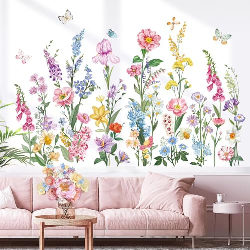 wondever Adesivi Murali Giardino Fiori Sticker da Muro Floreali Selvaggio Piante Primavera Estive Farfalle Adesivi da Parete per Camera da Letto Ufficio