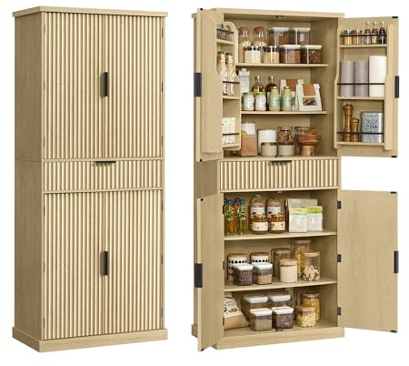 VASAGLE MAXE Collection - Pantry Cabinet, 70.6-Inch Tall Storage Cabinet with Drawer, 6 Adjustable Shelves, 2 Cabinets, Fluted Doors, Mid Century Modern, for Kitchen Living Room, Oak Beige UBBK365Y01
