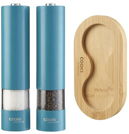 Cooks Professional Electric Salt and Pepper Mill Set with Bamboo Base | Battery Operated Automatic Grinders with Adjustable Grinding & One Touch Operation | Condiment Grinder & Stand | Teal
