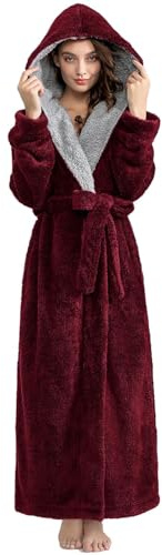 ZFSOCK Dressing Gown Womens with Hood: Long Fluffy Ladies Dressing Gown Oversized with Belt & Pockets - Thick Soft Bathrobe Hooded Plush Luxury Loungewear Gift for Wife Mum or Maternity, Red L