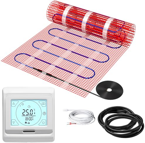 KEZERS Elektrische Fußbodenheizung 150W/m², selbstklebend für Fliesen Laminat und mehr, Touch-Digital-Thermostat mit Wochenprogramm für Badezimmer | Flur | Schlafzimmer | Wohnzimmer,2.0x0.5m - 1.0 qm