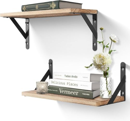 BREEZENEST 2PCS Wooden Shelves 42x15x5cm – Modern Wall Shelf Set with Iron Brackets, Floating Wooden Bathroom Shelves and Bedroom Shelves for Walls, Easy to Install Rustic Storage