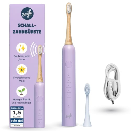 Smyle Zahnbürste - Schallzahnbürste mit Sensor – Elektrische Zahnbürste mit 4 Monate Akku, 40.000 Vibrationen/min, 5 Modi, Timer, USB-C, 2 Bambus-Bürstenköpfe, wasserdicht – Lila