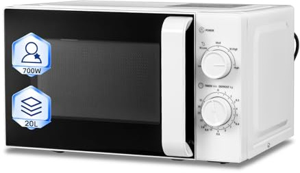Techomey 700W Microwave with Manual Control，Small Microwave Oven with 5 Power Levels, 20L Capacity Countertop White Microwave Oven, Easy to Clean