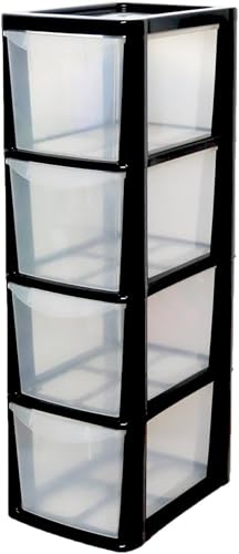 ELMORA'Z Drawer Plastic Storage Organizer Medium Tower Unit Chest Of Storage For Bedroom Kitchen Office Cosmetics Stationary Use Storage Drawer Table Tower Unit (4 Tier Rattan Black Clear)