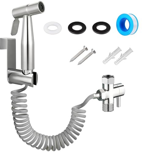 Bidet Attachment for Toilet UK Stainless Steel Sprayer with Spring Hose | High Pressure Hand Shower for Bathroom Hygiene, Muslim Shower for Toilet, Pet Bath and Cloth Diaper Cleaning with Hook