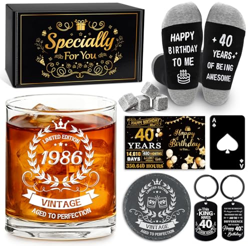 Epaing 1986 40th Birthday Gifts for Men Whiskey Glass Set, Vintage 430ml Whisky Glass Personalised Gifts for Mens, Whiskey Gift Set for Men with Whiskey Stones Keyring Bottle Opener Coaster Card Socks