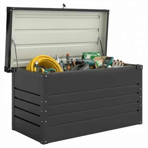 Outsunny Coffre de rangement en métal 350L Étanche Acier Gris Anthracite | Boîte de Jardin, Double Vérins à Gaz, Malle de Rangement Verrouillable, pour Coussins Outils, Terrasse