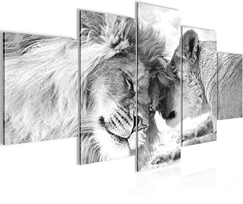 Runa Art Wandbilder Löwen Liebe 5 Teilig Bild auf Vlies Leinwand Deko Wohnzimmer Schlafzimmer Löwen Familie Schwarz Weiss 002152c