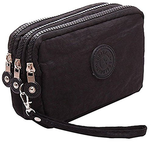 Fueerton Multifonctions 3 Couches Fermeture à glissière clé Carte téléphone Pochette Monnaie Argent Sac Porte-Monnaie, Noir, 16 x 5 x 10 cm