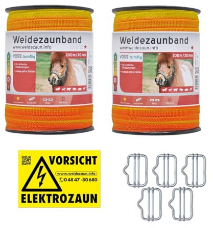 VOSS.farming Weidezaunband – Länge wählbar - 20mm gelb Oranges Elektrozaunband 5X 0,16 Niroleiter - mit Zubehör - Elektroband Weidezaun Elektrozaun Ponyzaun Pferdezaun