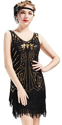 BABEYOND Vestito Gatsby Donne 1920s Vestito Abito Anni 20 Donna Flapper Dress 1920s Vestito da Sera Paillette Impreziosito Frange Gatsby Dress Senza Maniche (Oro Nero 1, L)