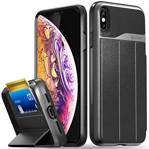 VENA iPhone XS Max Wallet Case, vCommute (Military Grade Drop Protection) Flip Leather Cover Card Slot Holder with Kickstand Designed for Apple iPhone XS Max (6.5-inch) - Space Gray