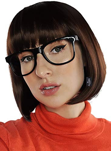 ALLAURA Kompatibel mit Velma Perücke - Braune Bob Perücke mit Brille für Frauen - Cosplay Flapper Perücke mit Pony Cartoon Detektiv Look Halloween Kostüm Dora Style Retro Nerdy Outfit Zubehör