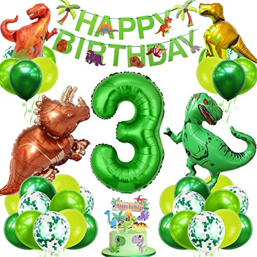 Dino Geburtstag Deko Set, 3 Jahre Kindergeburtstag Dino Ballons, XXL Dinosaurier Folienballon Grün, Zahlenballon 3 Geburtstag mit Happy Birthday Banner für Junge Mädchen Geburtstag Party Deko