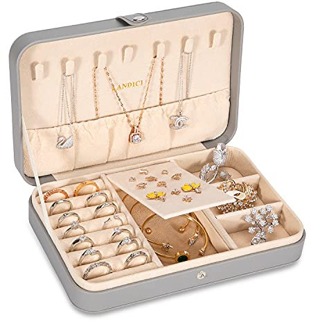 LANDICI Jewellery Box Small Jewellery Organiser for Women Girls, PU Leather Travel Jewellery Storage Case, Portable Jewellery Holder for Ring Earrings Necklace Bracelet, Jewellery Gift Box,Grey