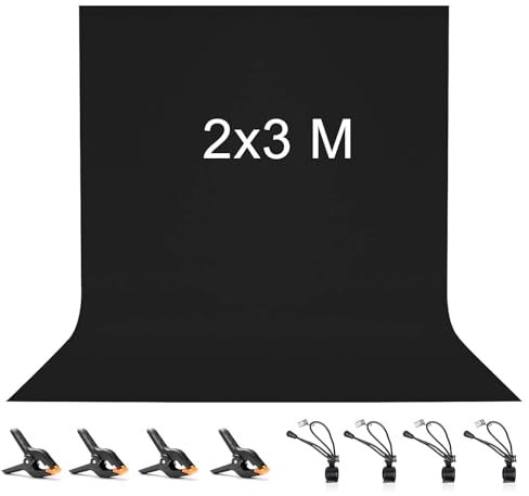 Vevelux Fotografie-Hintergrund 2 * 3 M, Foto Hintergrund aus 100% Polyester mit 4 große Studio Klemmen & 4 Tarp Clip, Schwarz Screen für Fotostudio, Video und Fernsehen
