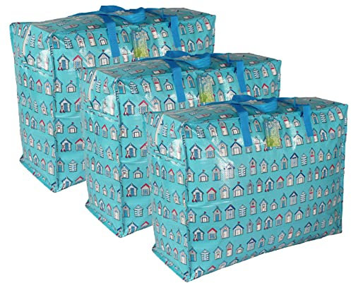 Extra Large Storage Bags Water & Dust Resistant. Double zipped storage bags for toys, laundry, bedding. Underbed Wardrobe Space Saver Blue Beach huts (65 ltr 3x Pack)