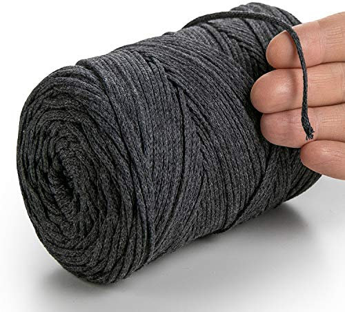 MeriWoolArt® Makramee Garn 2 mm x 250 m Baumwollkordel, recyceltes weiches Baumwollgarn für das Stricken von Pflanzenhängern, Schmuckherstellung, Häkeltaschen (Graphit, 2mm)