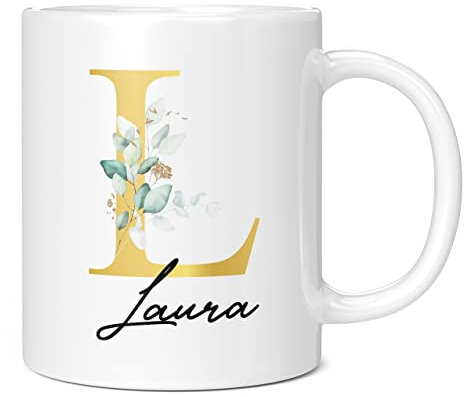 Personalised Letter L Floral Mug Initial with Name, Customised Gift, Gold Effect Printed Letter, NOT Metallic - Ceramic Coffee Cup for Men or Women, Extra Large and Giant Mug, 20oz White Mug